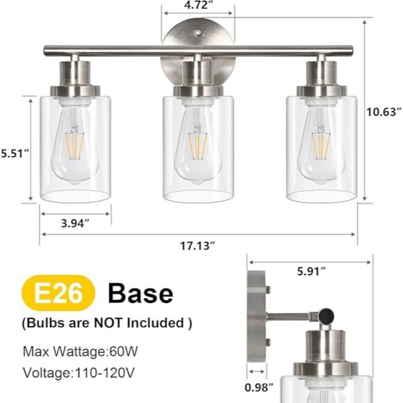 Unicozin 3-Light Brushed Nickel Wall Sconce Clear Glass E26 Model RJ-WR03 NEW - Picture 3 of 10